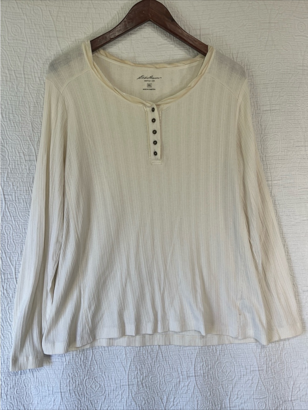 Eddie Bauer Women XXL Cotton Thermal Henley Shirt Cream Ribbed Velvet Trim Top